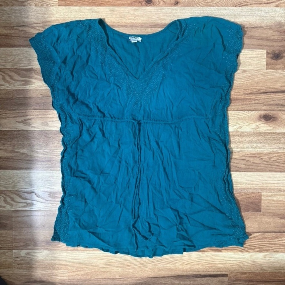 Old Navy Womens Teal Blue Gauze Embroidered Drawstring Empire Waist Top Medium